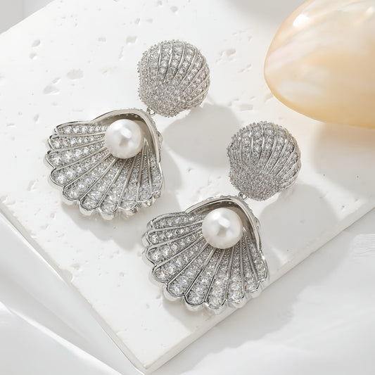 Shell Earrings with Micro-Inlaid Zircons and Pearls - Stylish Earrings 