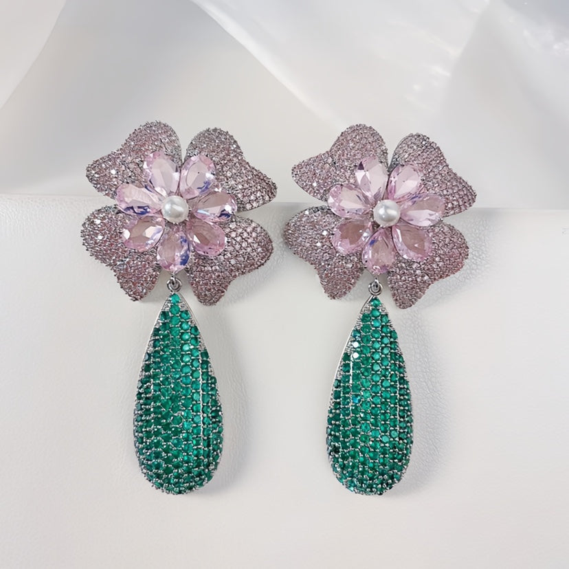 Luxurious Flower-shaped Silver Needle Earrings Inlaid with Sparkling Zircons - Bridal Earrings 