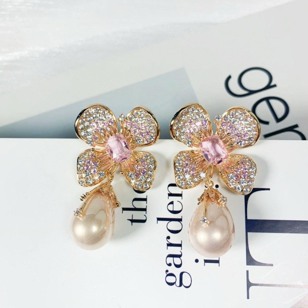 أقراط نسائية فاخرة مرصعة بالزركون على شكل زهرة - إكسسوارات أذن خفيفة وفاخرة وبسيطة وأنيقة، أقراط مرصعة 