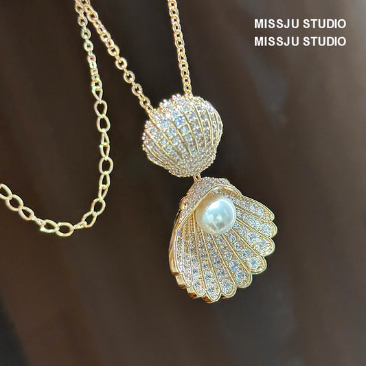 عقد لؤلؤ كبير الحجم على شكل صدفة/صدفة صدفية - بسيط وأنيق 